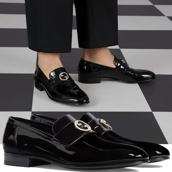 GUCCI SHOES MENS LOAFERS INTERLOCKING G LOGO BLACK LEATHER sz 12.5 US 13 - Picture 1 of 16